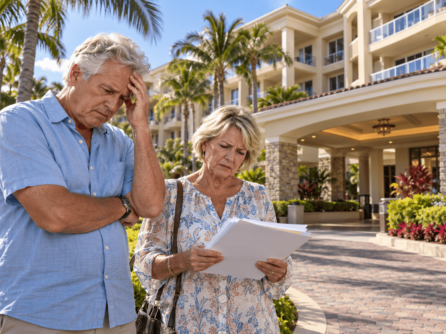 An older couple outside a resort entrance, looking worried as they read through paperwork.