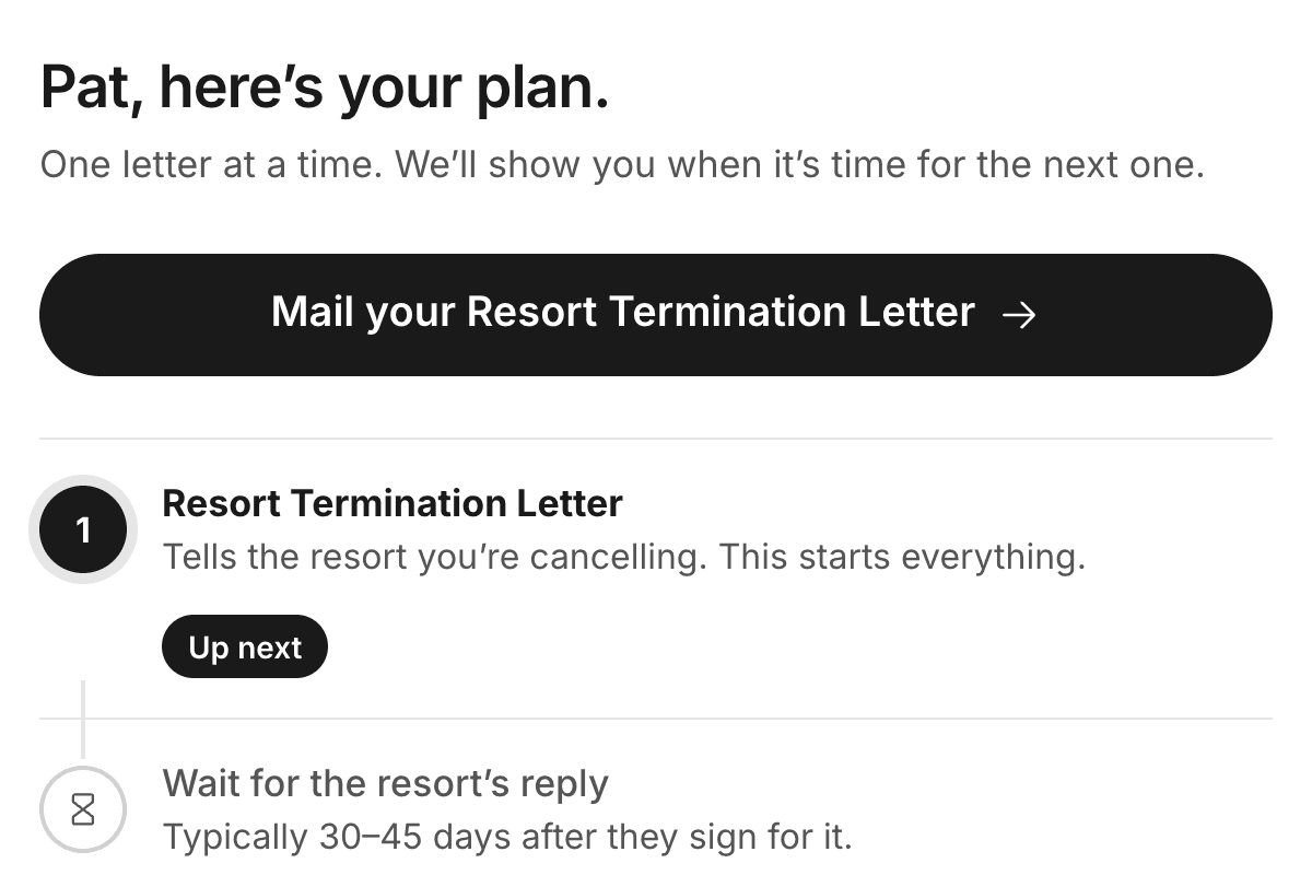 The portal's plan screen, showing the Resort Termination Letter up next and the wait for the resort's reply.